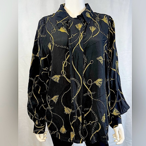 MINIMUM.NWT.”JOSEPHA”100% viscose button down long sleeve blouse.Black&gold.40/L - Picture 2 of 8